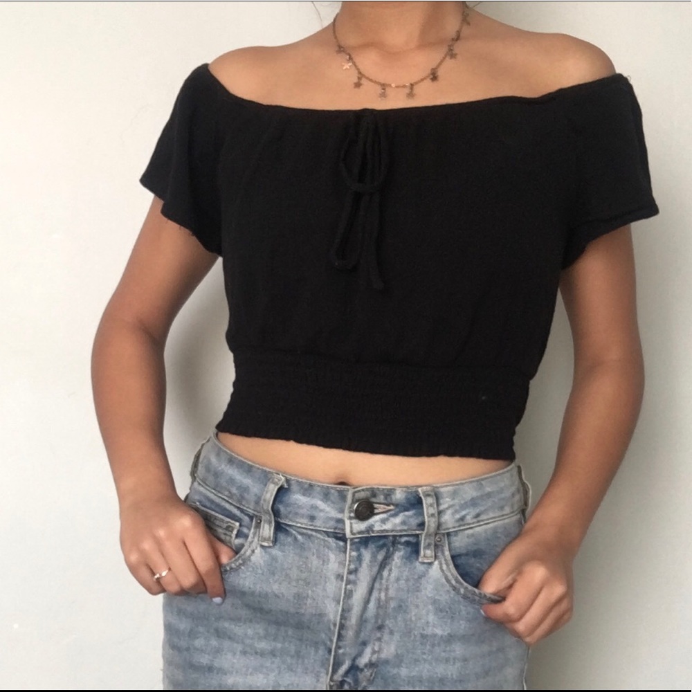 Black off the shoulder crop top with front tie
